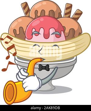 cartoon character style of banana split performance with trumpet Stock Vector