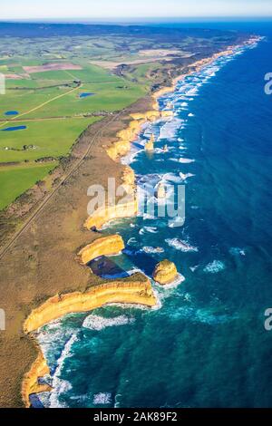 The eroded southern coastline around Port Campbell from a high aerial viewpoint. Great Ocean Road, Victoria, Australia Stock Photo