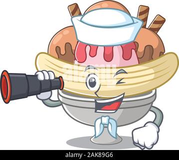 Banana split cartoon happy Sailor style with binocular Stock Vector