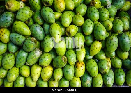 Green opuntia (cactus) fruits at the rural market in Chengdu, Sichuan Province, China.