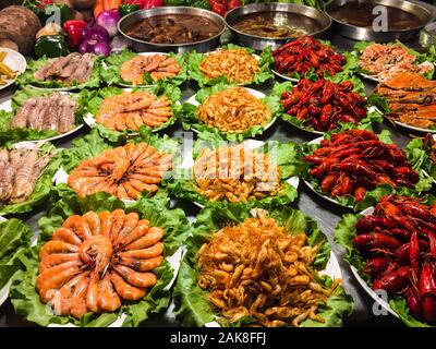 Seafood at Shilin Night Market in Taipei, Taiwan. Shilin is one of the most famous and largest night markets in Taiwan. Stock Photo