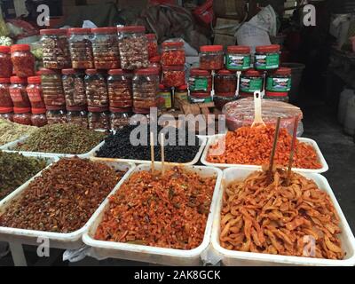 Chengdu, China - Nov 2, 2015. Spices and dried foods for sale at the local market in Chengdu, Sichuan Province, China. Stock Photo