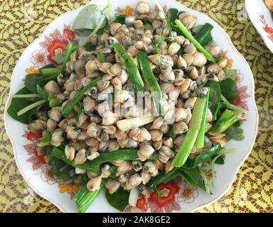 Fried clam with green onion for lunch at local restaurant in Mekong Delta, Vietnam. Stock Photo