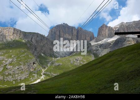 Cable Car Leading To The Sass Pordoi Mountain Dolomites in the Alps Italy Stock Photo