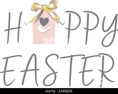 Easter inscription on a white background. The birdhouse is cute. Eggs are hanging on a ribbon. Bright spring holiday composition. Greeting card Stock Vector