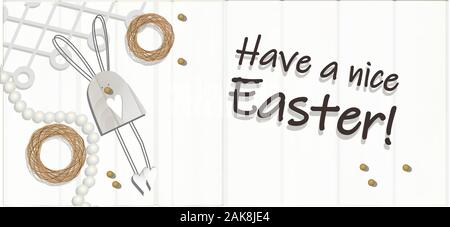 Holiday banner with easter. Easter design white pearl beads, lace ribbon, wooden toy hare or rabbit. Wooden light background. flat lay, top view Stock Vector