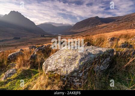 Boulder in the Ogwen Valley, Snowdonia, North Wales Stock Photo