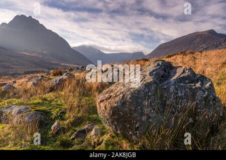 Boulder in the Ogwen Valley, Snowdonia, North Wales Stock Photo