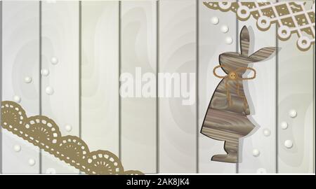 Easter background on a wooden board. Bunny from the tree FIGURINE. grey colour. NATURAL COLORS. The basis for the text. Easter is a holiday of spring Stock Vector