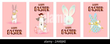 Set of easter holiday gift cards. easter banners, web posters, flyers and brochures, greeting cards, group vibrant covers. Design with realistic Stock Vector