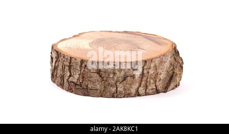 Irregular shape wood slab with bark and tree growth rings, isolated Stock Photo