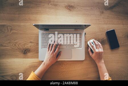 Close up of business woman hand working on office desk Stock Photo