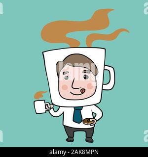 Coffee man with big coffee cup on head cartoon vector illustration Stock Vector