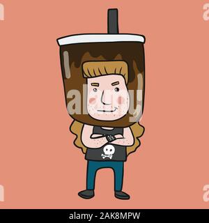 Man with big ice chocolate cup on head cartoon vector illustration Stock Vector