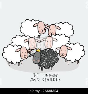 Black sheep in white sheep group, Be unique and sparkle cartoon doodle vector illustration Stock Vector