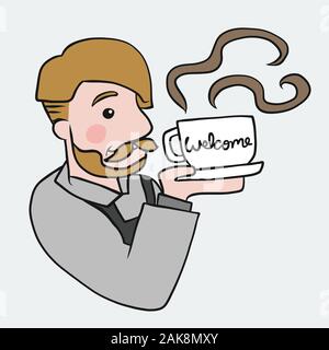 Barista man serving coffee cup cartoon vector illustration Stock Vector