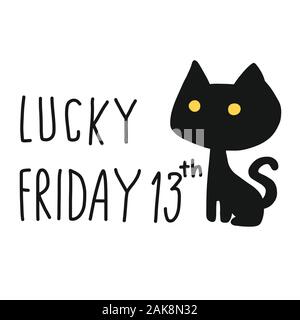 Lucky Friday 13th black cat cartoon vector illustration doodle style Stock Vector