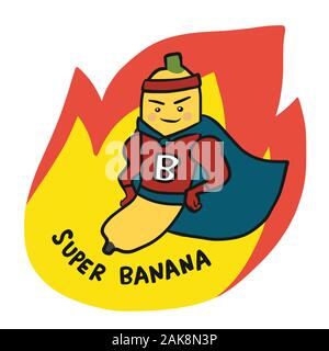 Super banana hero on fire cartoon logo vector illustration Stock Vector