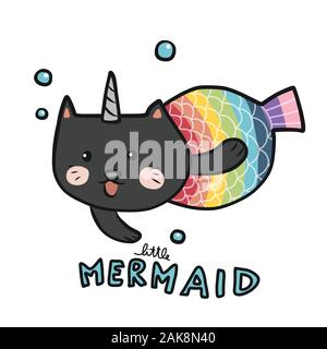 Little Mermaid colorful rainbow color cartoon doodle vector illustration Stock Vector