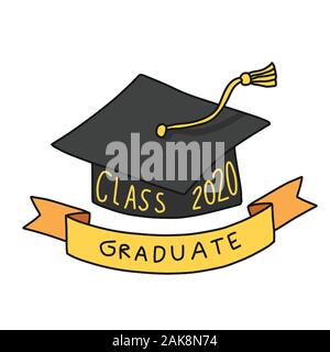 Class 2020 graduate square academic cap cartoon vector illustration doodle style Stock Vector