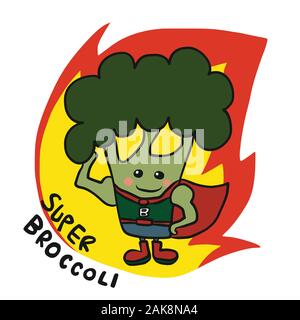 Super Broccoli hero on fire cartoon logo vector illustration Stock Vector