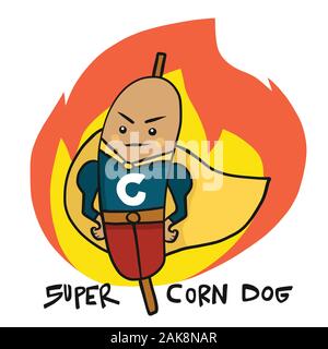 Super corndog hero on fire cartoon logo vector illustration Stock Vector