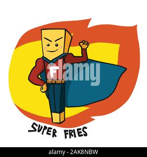 Super fries hero on fire cartoon logo vector illustration Stock Vector