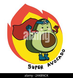 Super avocado hero on fire cartoon logo vector illustration Stock Vector