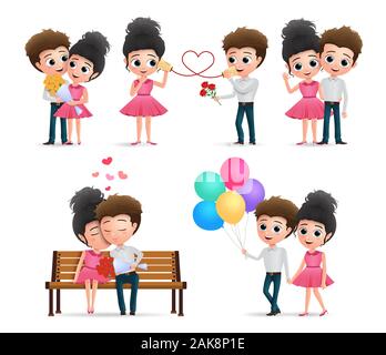 Valentines couple vector characters set. Valentine lovers characters in love dating in kissing, hugging, calling, waving and walking isolated in white. Stock Vector