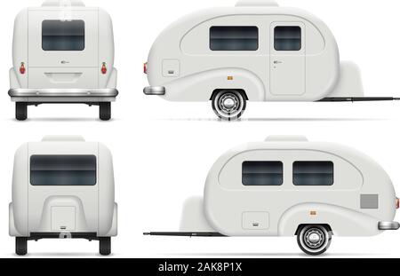 Small travel trailer vector mockup on white background for vehicle branding, corporate identity. All elements in the groups on separate layers Stock Vector