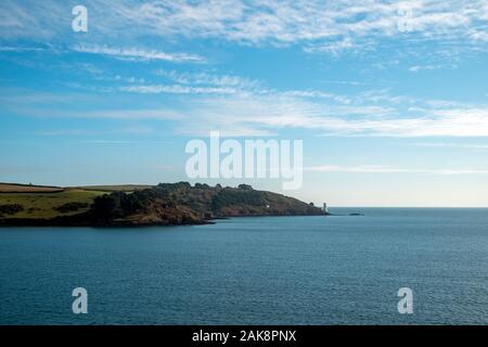 The view to St Anthony Head and the lighthouse from St Mawes, Cornwall, UK Stock Photo