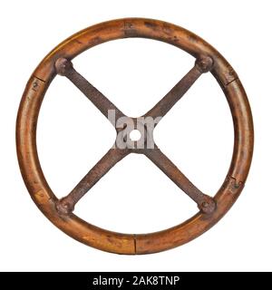 Antique wooden classic car steering wheel isolated on a white background Stock Photo