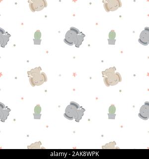 Seamless pattern with elephant and cactus with smooth color. pattern texture for fabric, wrapping, textile, wallpaper, apparel. Stock Vector