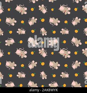 Cute mouse and orange pattern in the black backdrop. Creative pattern texture for fabric, wrapping,wallpaper, apparel Stock Vector