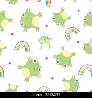 Seamless pattern with frog and the rainbow. Creative nursery background. Perfect for kids design, fabric, wrapping, wallpaper, textile, apparel Stock Vector