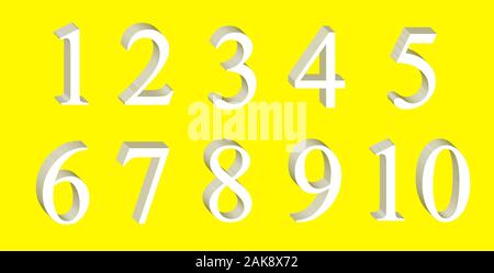 Set of white volume numbers isolated on yellow background. Set of icons. Numerals from 1 to 10. 3D rendering Stock Photo