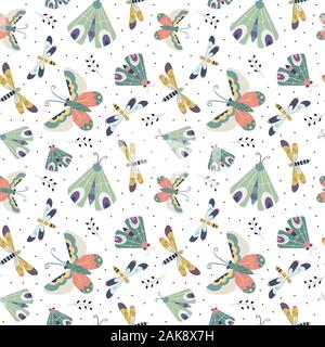 Seamless pattern with moth, butterfly and dragonfly in the white backdrop. pattern texture for fabric, wrapping,wallpaper, apparel Stock Vector
