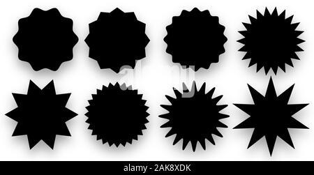 Set of blank black starburst stamps on white background. Set of icons. Badges and labels various shapes. 3D rendering Stock Photo