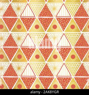 Golden orange white triangles seamless vector tribal pattern. Hand drawn Boho ethnic motifs background. Metallic gold foil geometric repeating Stock Vector