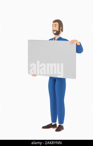 A drawn cartoon businessman is holding a business card, blank form or credit card. Businessman in a suit with an unusual look. 3D rendering Stock Photo