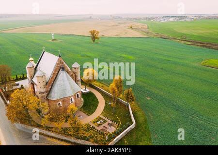 Synkavichy, Zelva District, Hrodna Province, Belarus. Aerial Bird's-eye View Church Of St. Michael Archangel. Eastern Orthodox Church. Belarusian Goth Stock Photo