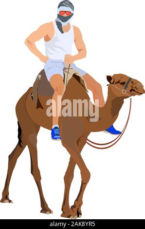 Young man traveler riding camel vector isolated illustration Stock Vector