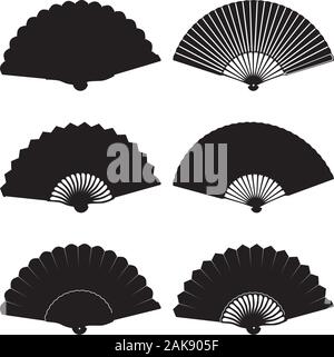 Oriental folding fan silhouette set, vector isolated illustration Stock Vector