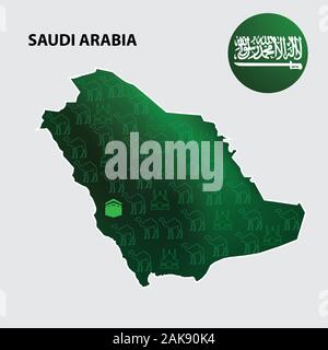 Saudi Arabia. map of Saudi Arabia with flag on Gry background. Stock Vector