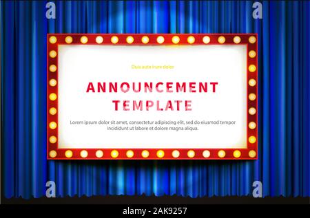Red frame with lighting bulbs, template in vintage style on blue curtain Stock Vector