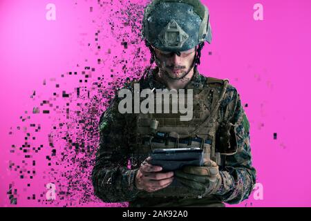 soldier using tablet computer hands closeup pnk background pixelated neural network concept Stock Photo