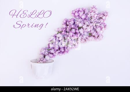 A cup with spring lilac flowers on a white background. Creative design of flowers. English Text Hello Spring, flat lay. Stock Photo