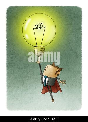 Businessman dressed in superhero with cape, flies raising a light bulb with his finger. creativity concept. Stock Photo