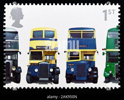 Postage stamp. Great Britain. Queen Elizabeth II. 150th Anniversary of First Double-decker Bus. 1st class. 2001. Stock Photo