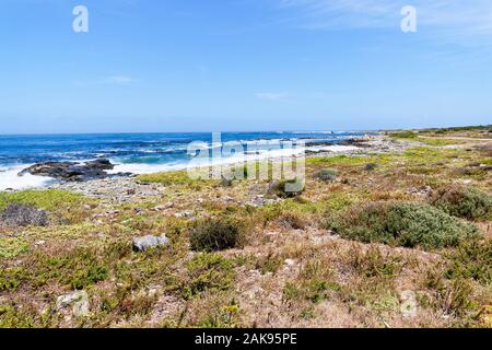 The coastline of Robben Island in Table Bay, South Africa on a bright blue sky day. Stock Photo